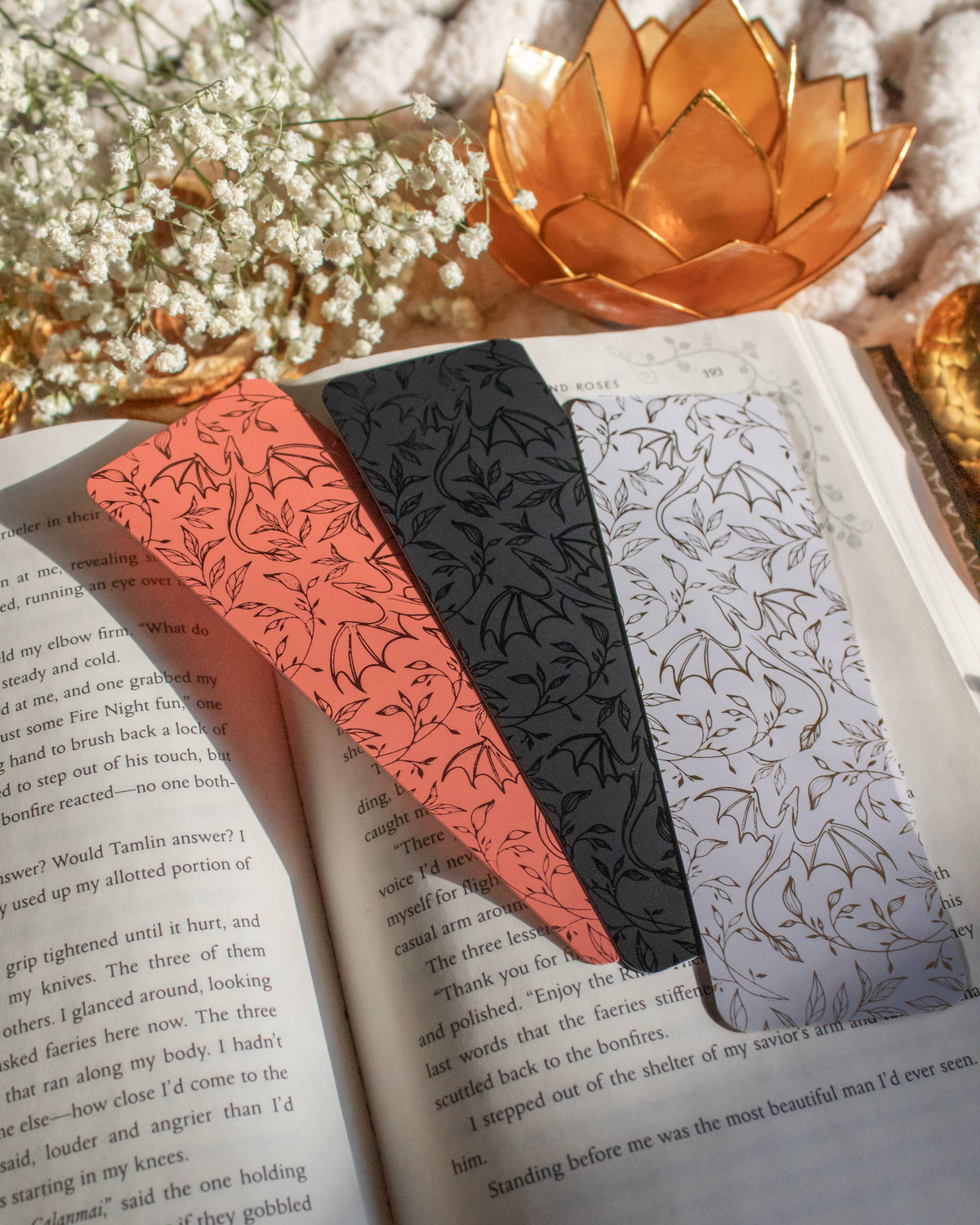 White and gold Floral Dragons Bookmark